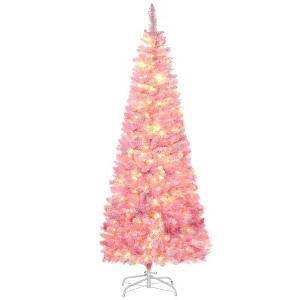 TopComfy Christmas Tree Stand 7.5FT Prelit Snow Flocked Pencil Tree with Realistic Branches for Holiday Decor, Pink, 31.5"*31.5"*88.5" - 1 of 4