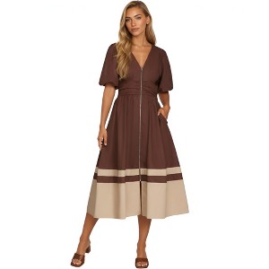 Knit & Lounge Colorblock Zip Front Short Sleeve Midi Dress Puff Sleeve Deep V-Neck High Waistband A-Line Silhouette - 1 of 4