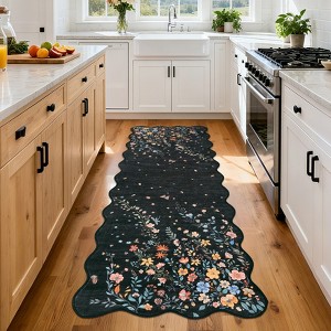 Modern Washable Area Rug, Soft Floral Floor Carpet with Non Slip Backing, Low Pile Stain Resistant Foldable Floor Mat for Living Room, Black - 1 of 4