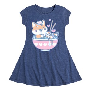 Girls' - Instant Message - Kawaii Ramen Shiba Inu Fit & Flair Cap Sleeve Graphic Dress - 1 of 4