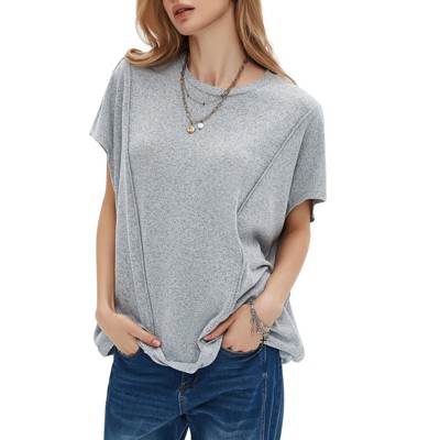 EXLURA Women's Summer Exposed Seams Oversized Tops 2025 Casual Workout T Shirts Trendy Pleated Dressy Crewneck Tunic Outfits