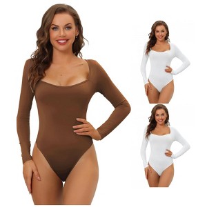 Allegra K Women's Long Sleeve Slim Fit Stretchy Square Neck Leotard Jumpsuit 3 Packs - 1 of 4