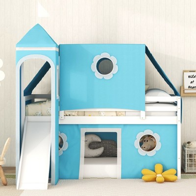 NicBex Twin Size Bunk Bed Castle Shape Loft Bed Pine Bed Frame with Tent, Tower, Slide, Ladder and Guardrail, No Box Spring Required