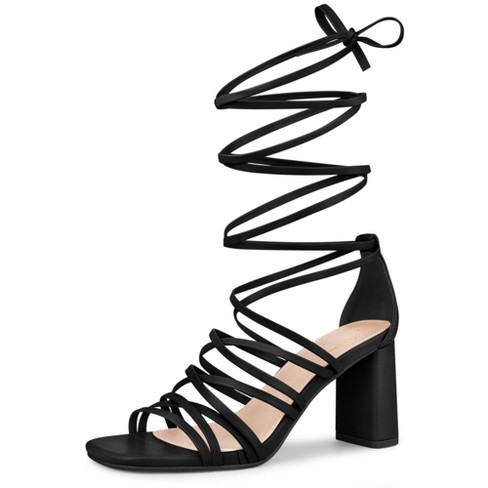 Perphy Strappy Open Toe Lace Up Chunky Heels Sandals For Women Black 6 :  Target