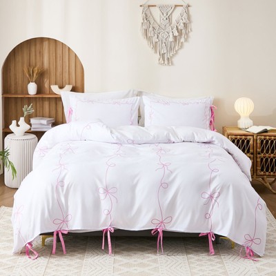 Bow Tie Duvet Cover Set – Romantic French Country Bedding with Butterfly Tie Pillowcases, Soft Breathable Microfiber