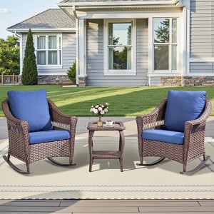 Patio Furniture Set 3 Pieces, Wicker Rocking Bistro Set with Thick Cushions, Outdoor Rocker Chairs and Coffee Table for Porch, Backyard or Garden - 1 of 4
