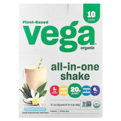 Vega Plant-Based Organic All-In-One Shake, French Vanilla, 10 Pack, 1.4 oz (38 g) Each