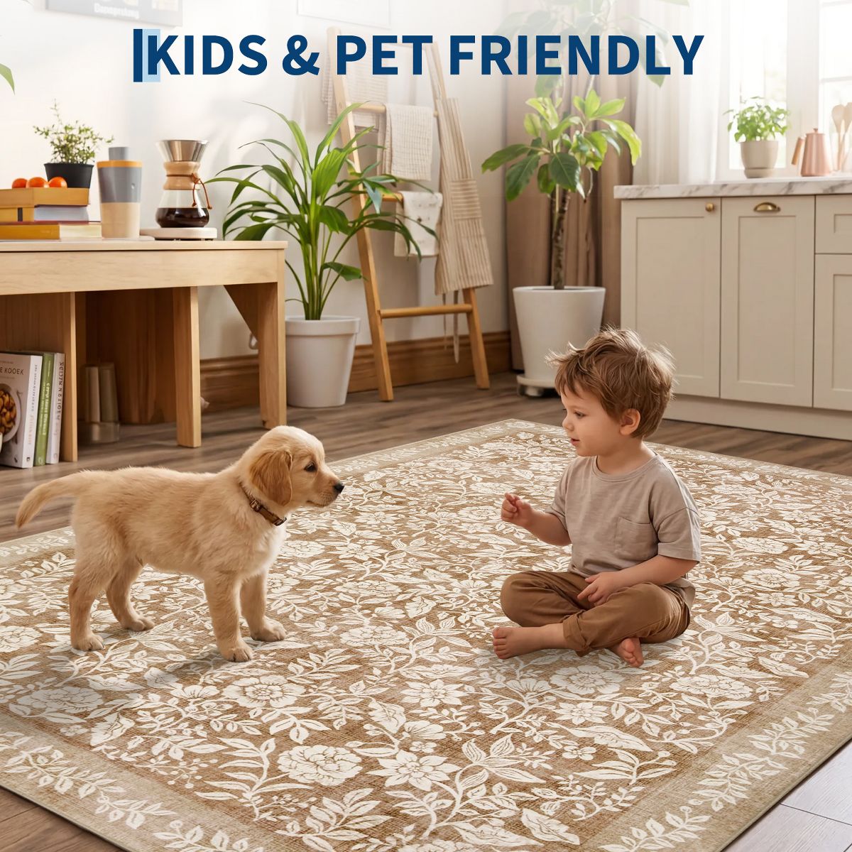 Retro Floral Washable Area Rug with TPR Rubber Backing, Soft Non-Slip Botanical Rug for Bedroom Living Room Nursery - thumbnail 4