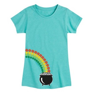 Girls' - Instant Message - St. Patrick's Day Follow the Clover Rainbow to a Pot of Gold Fitted Short Sleeve Graphic T-Shirt - 1 of 4