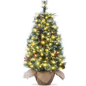 3ft Pre-Lit Christmas Tree,Christmas Tree with 78 Led Lights Cloth Bag Base,Pine Cones,Red Berries,Xmas Decorations for Fireplace,Tabletop,Home Decor - 1 of 4