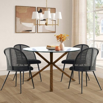 5-Piece Dining Set for 4, Glass Round Dining Table Set with 4 Rattan Backrest Dining Chair, Apartment Dining Room Furniture - Maison Boucle