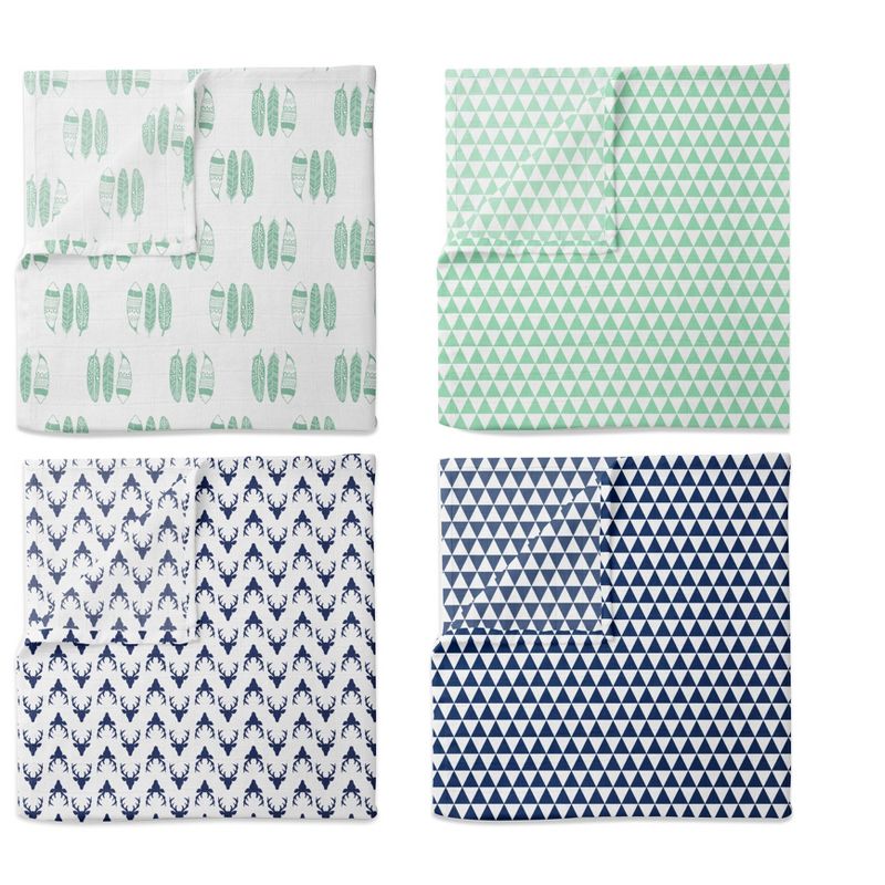 Bacati - Noah Mint/Navy Buck/Feathers/Triangles Muslin Swaddling Blankets set of 4, 2 of 6