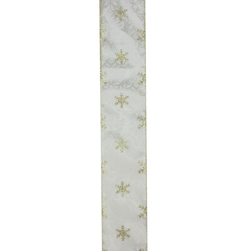 Northlight Gold and White Snowflake Printed Christmas Wired Craft Ribbon 2.5" x 10 Yards, 1 of 4