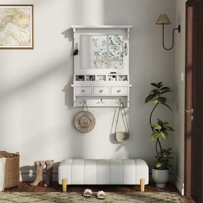 Vynxaria Floating Makeup Vanity with Big Mirror, Wall-Mounted Storage Vanity with Drawers, Pockets & Hooks, Space-Saving