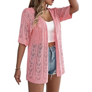 Clearlove Crochet Cardigans for Women Summer Short Sleeve Lightweight Cardigan Open Front Knit Cardigan Sweaters - 1 of 4