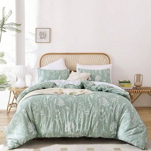 King Size Sage Green Duvet Cover with Floral Botanical Print, 3 Pieces, Zipper Closure, 2 Pillow Cases - 1 of 4
