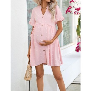 Womens Maternity Dress Swiss Dot V Neck Short Sleeve Button Down Summer Casual Baby Shower Mini Dresses - 1 of 4