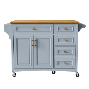 Gulches 52'' Blue Grey Embossed Kitchen Island with Drop Leaf - Rolling Storage Cart with 5 Drawers, 2 Doors, Spice/Towel Racks - 1 of 4