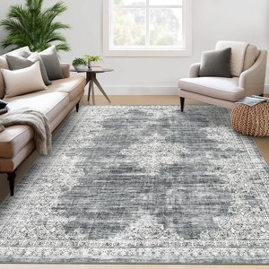 5x7 Washable Vintage Medallion Area Rug, Low-Pile Non-Slip Retro Floral Carpet, Distressed Accent Rug for Bedroom, Nursery, Living Room, Grey - 1 of 4