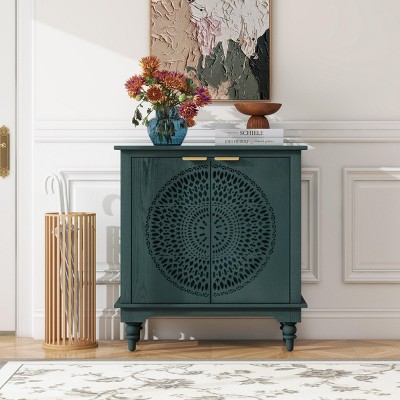 Storage Cabinet With Doors And Shelves,Green Hollow-Carved Cabinet With Adjustable Shelf,Distressed Wooden Cabinet With 2 Doors-Maison Boucle
