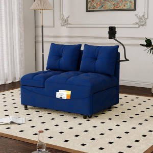 SKRAN versatile foldable sofa bed , modern sofa velvet pull-out bed, loveseat sofa adjustable back and with USB port and swivel phone stand,Blue - 1 of 4