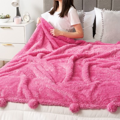 Hot Pink Twin Sherpa Fleece Blanket with Pom Poms