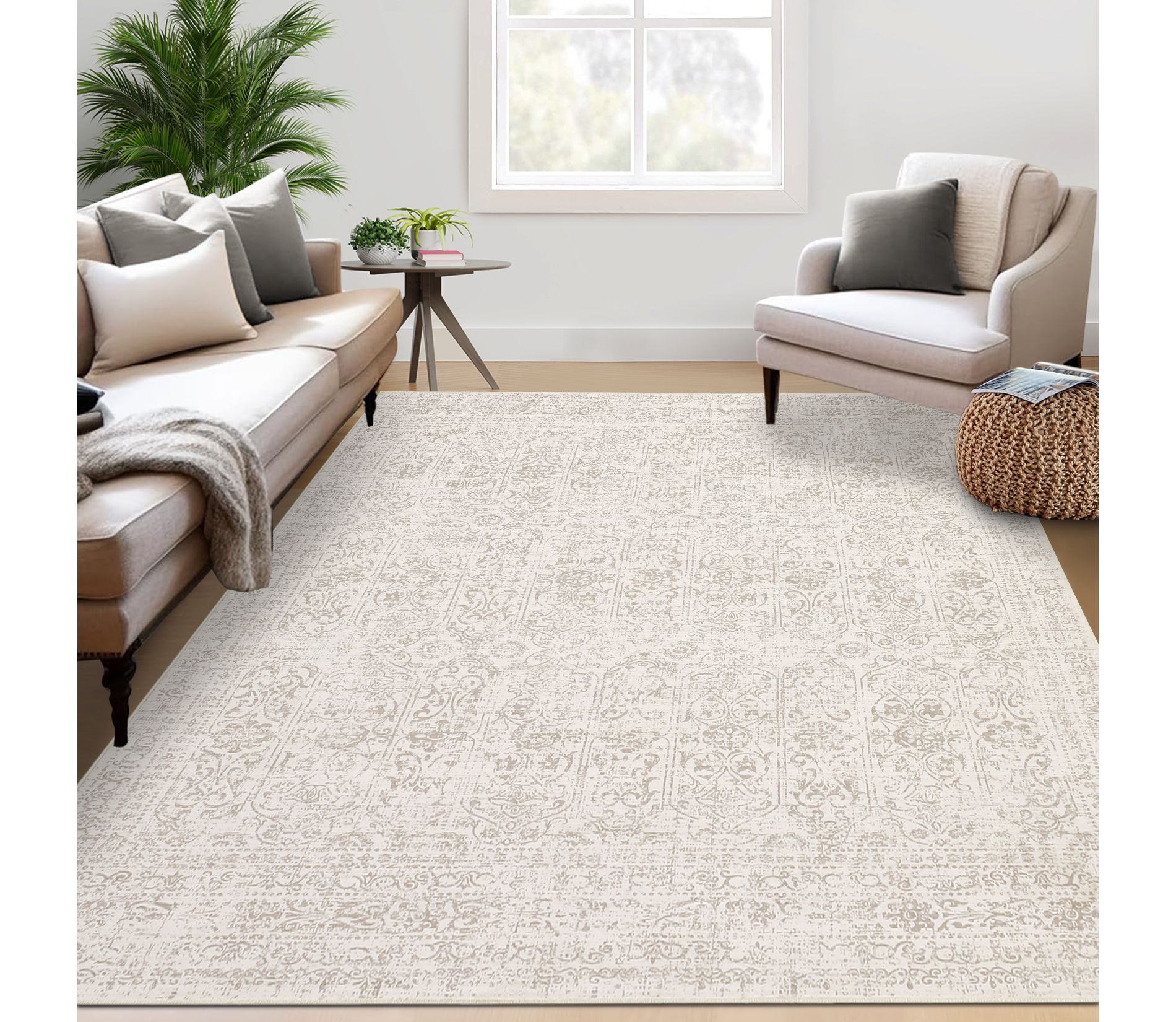 Vintage Area Rug Washable Rug Floral Bedroom Rugs Non Slip Low Pile Throw Rugs, 6'x9'