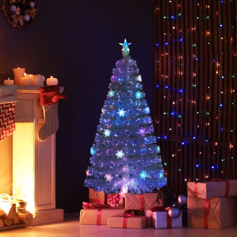 Tangkula 5/6/7FT Artificial Fiber Optic Christmas Tree White Pre-lit Xmas Tree w/ Iridescent Leaves 24/30/36 Multi-color Snowflake Lights, 3 of 10