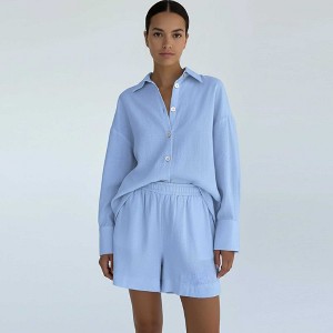 Woman Solid Shorts Set – Slim Fit Long-Sleeve Lapel Shirt & Shorts, Cotton Lined Cherie Code - 1 of 4