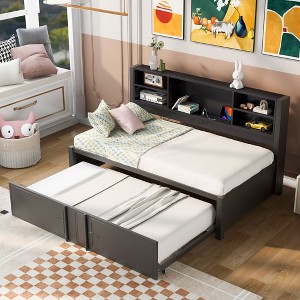 PAGED Twin Size Upholstered Daybed Wooden Bed Frame with Cat Ears Shaped Headboard for Bedroom and Living - 1 of 4