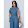 Women's Wear Commuting Elegance Daytime Outing Casual Simple Apricot Off-Shoulder Asymmetrical Neckline Shoulder Pleats Short Sleeve Wide Leg Jumpsuit - 4 of 4