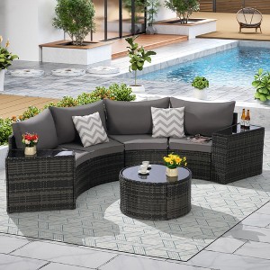 Outdoor Patio Furniture 7-Piece Half-Moon Sectional Round Patio Furniture Set Sofa with Tempered Glass Round Coffee Table - 1 of 4