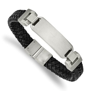 Black Bow Jewelry Men's Stainless Steel & Black Leather Brushed I.D. Bracelet, 8.5 Inch - 1 of 4