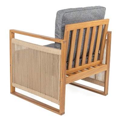 Teak Brown Mid-Century Modern Roped Wood Patio Chairs with Cushions
