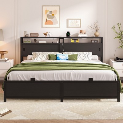 Image of Aheaplus Bookcase Bed With Storage Slide Bedside Shelf and Charging Station & LED Light
