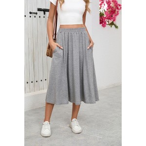 Women's A-Line Midi Skirt Casual Elastic Waist Skirt with Side Pockets - 1 of 4