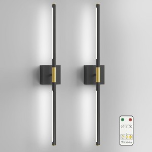 YANSUN 2-Light Black Gold Dimmable Timing LED Wall Sconce with Remote Control, Wireless Installation, USB Charging (2-Pack) - 1 of 1