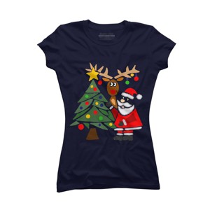 Junior's Design By Humans Funny Cute Santa Claus and Christmas Reindeer by Tree By SmileToday T-Shirt - 1 of 3