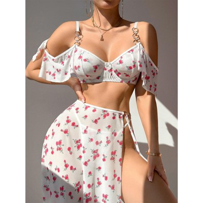 Clotth Elegent Lingerie Set - Babydoll Lingerie with Mesh & Lace Detail,Open Back with O-Ring Straps,Cute Sheer Skirt with High Slit, White Floral