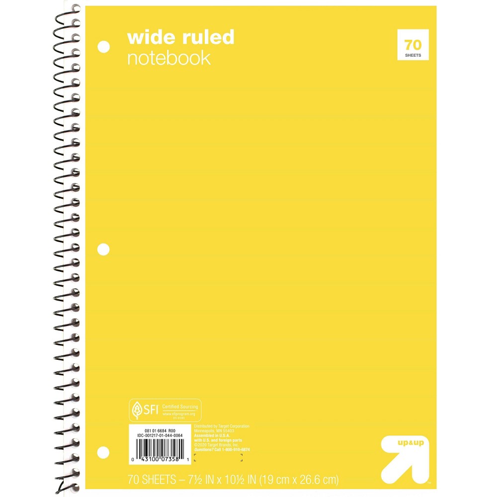  pack 4 different color Wide Ruled Yellow 1 Subject Flexible Paperboard Cover Spiral Notebook - Up&Up