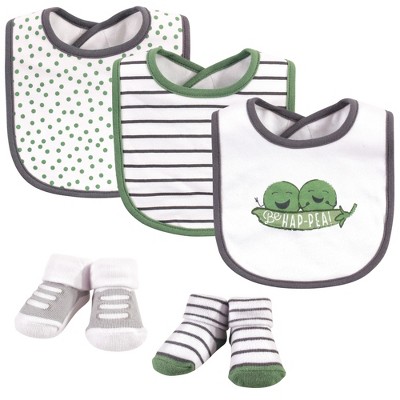 Hudson Baby Infant Cotton Bib and Sock Set 5pk, Peas, One Size
