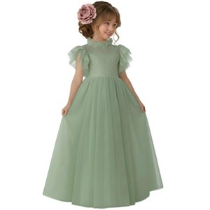 2Bunnies Girl Iris Floral Lace Tulle Flower Girl Dress in Sage - 1 of 4