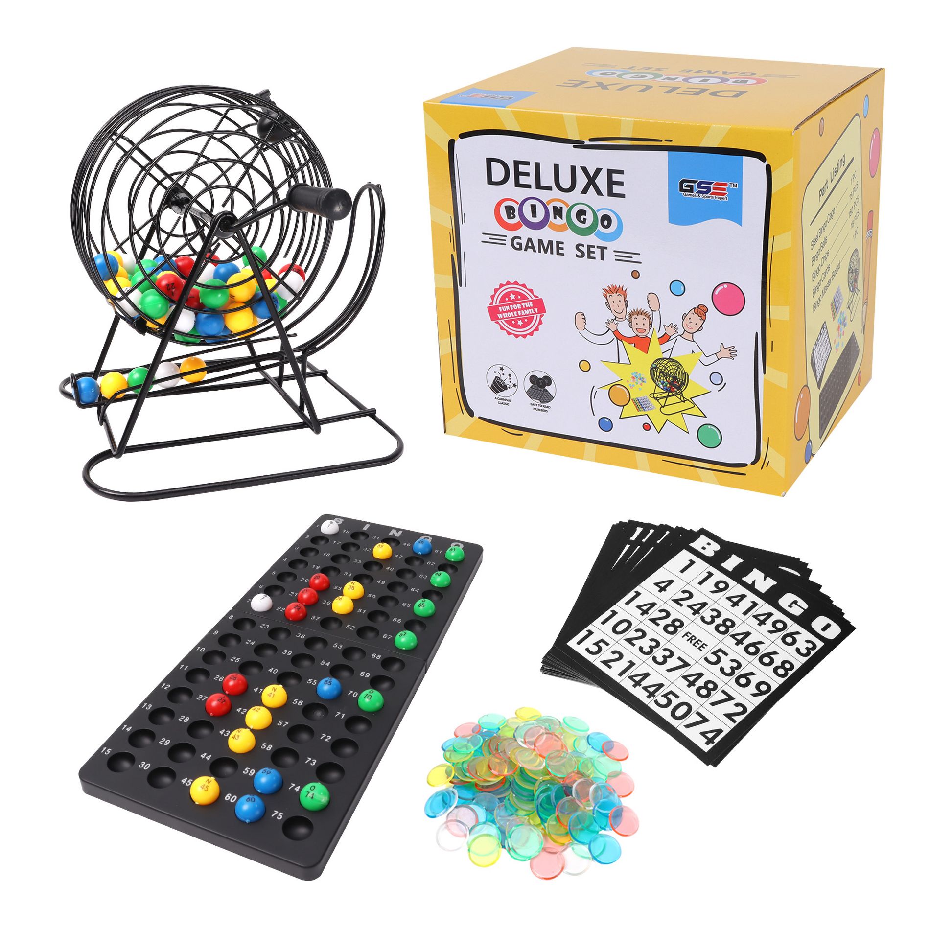 GSE Deluxe Bingo Game Set — Complete Kit with Steel Cage, Master Board, 75 Balls, Bingo Cards, Chips, Perfect for Parties & Family Night
