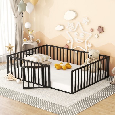 CAVINAS Twin/Full/Queen Size Metal Bed Frame with Safety Fence & Door,Modern Floor Bed for Kids Room,Playroom