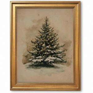 Gold Framed Vintage Tree Wall Art Decor for Holiday Home Rustic Canvas Print Poster Evergreen Painting Antique Picture - 1 of 4