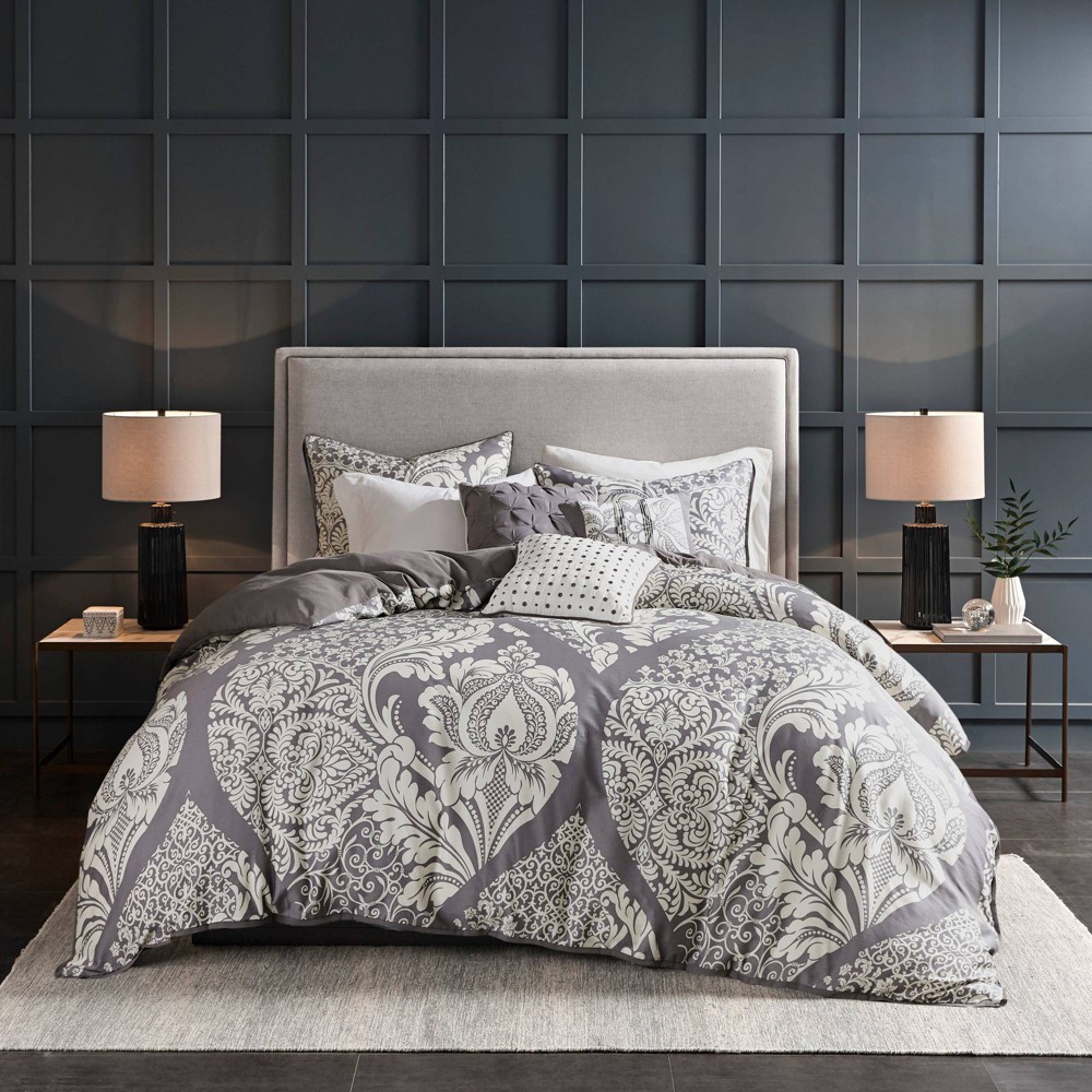 Photos - Bed Linen Madison Park 6pc Full/Queen Adela Printed Duvet Cover Bedding Set Slate