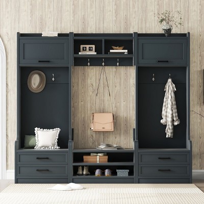 4-in-1 Hall Tree with Storage Cabinets, Drawers, Bench, 7 Hooks, Detachable MDF Entryway Coat Rack for Hallway or Mudroom - Cuddlewood
