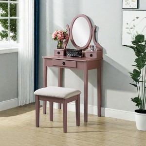 NicBex Vanity Desk with Mirror 30" Vanity Table with Oval Mirror, British Style Wood Makeup Vanity with 3 Drawer and 1 Upholstered Stool - 1 of 4