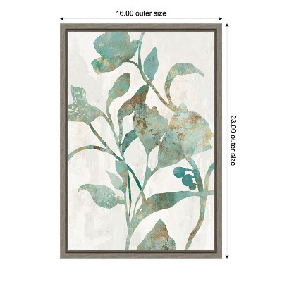 Aqua and Gold Floral Canvas Print with Gray Frame