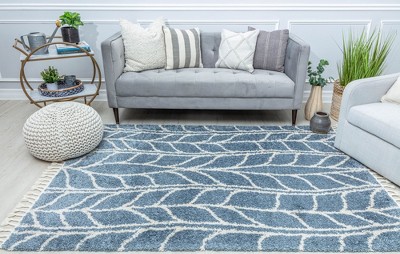 Sky Vine Blue Geometric Braided Area Rug with Tassels